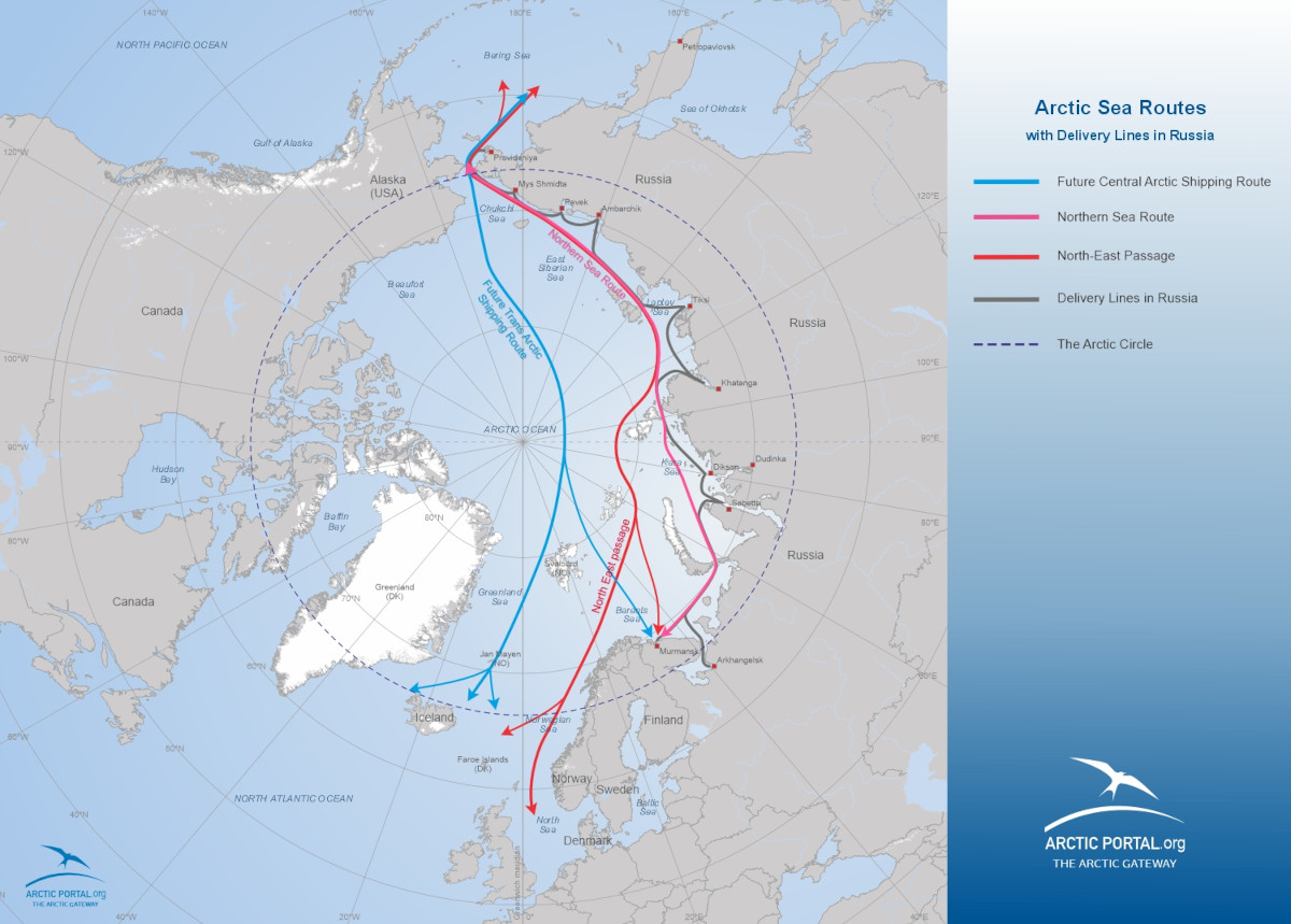Map: Arctic Sea Routes with delivery lines in Russia