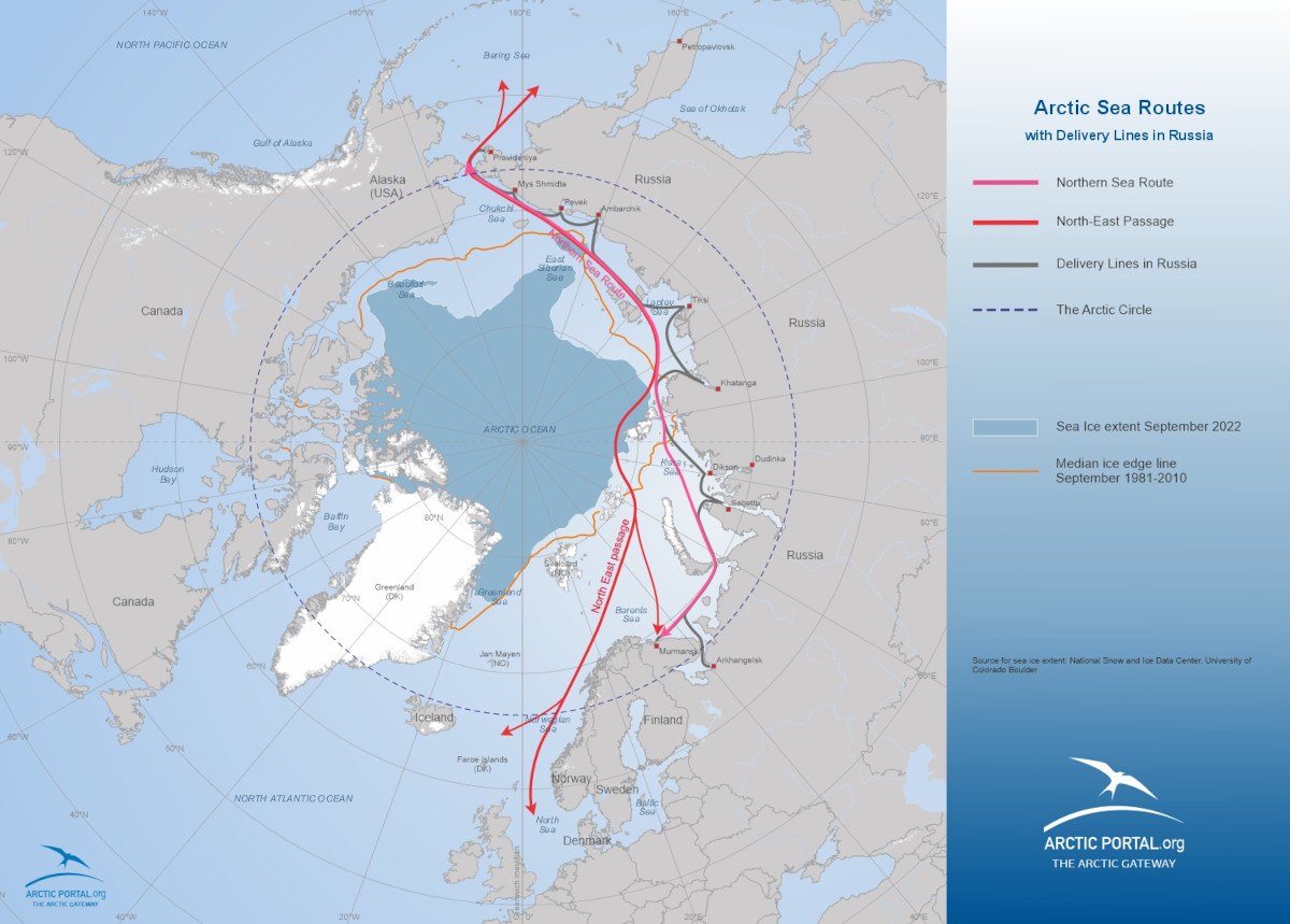 Map: Arctic Sea Routes with delivery lines in Russia