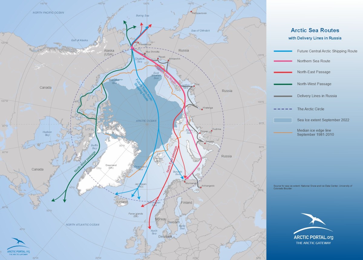Map: Arctic Sea Routes with delivery lines in Russia with sea ice extent September 2022