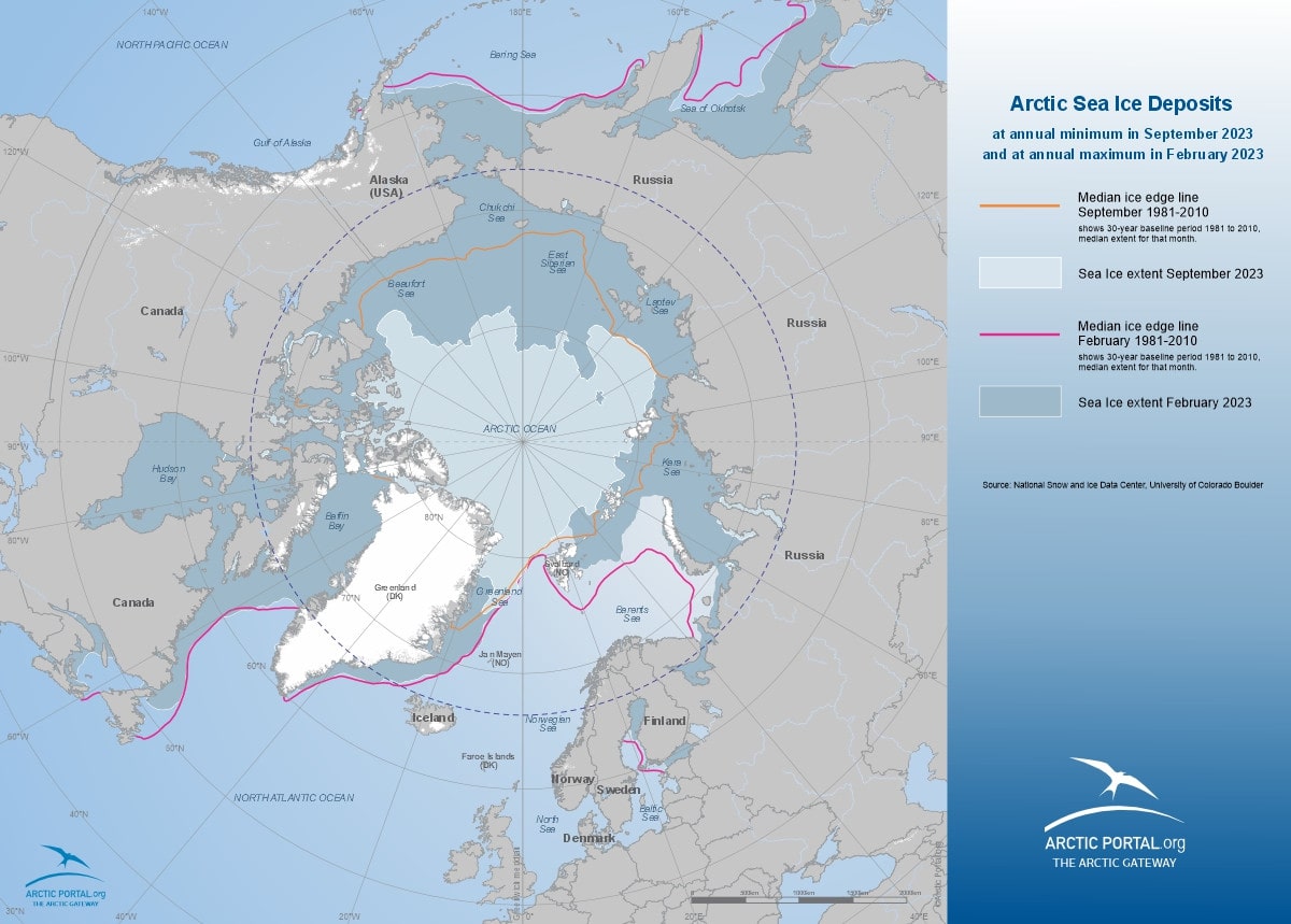 Map: Arctic Sea Ice Deposits at annual minimum in September 2023 and at annual maximum in February 2023