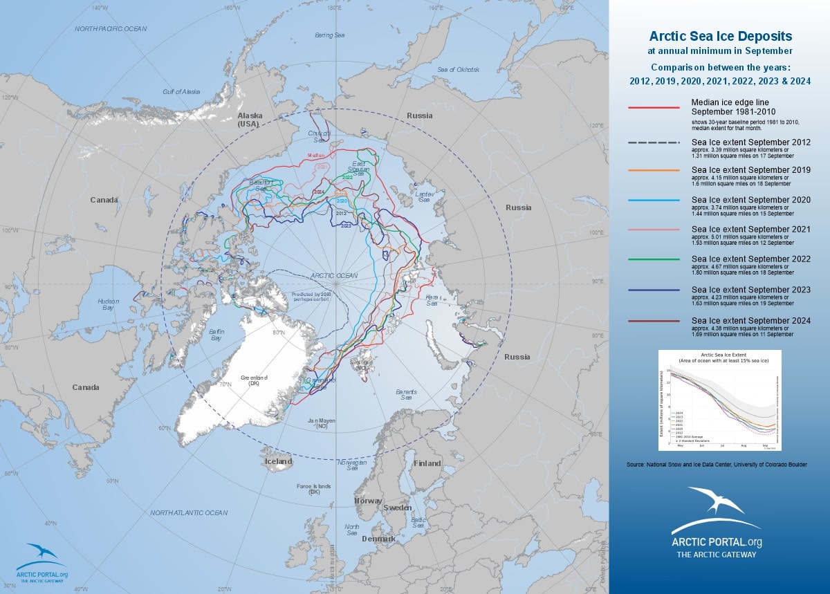Map: Arctic Sea Ice Deposits at annual minimum in September - Comparison between the years: 2012, 2019, 2020, 2021, 2022, 2023 & 2024