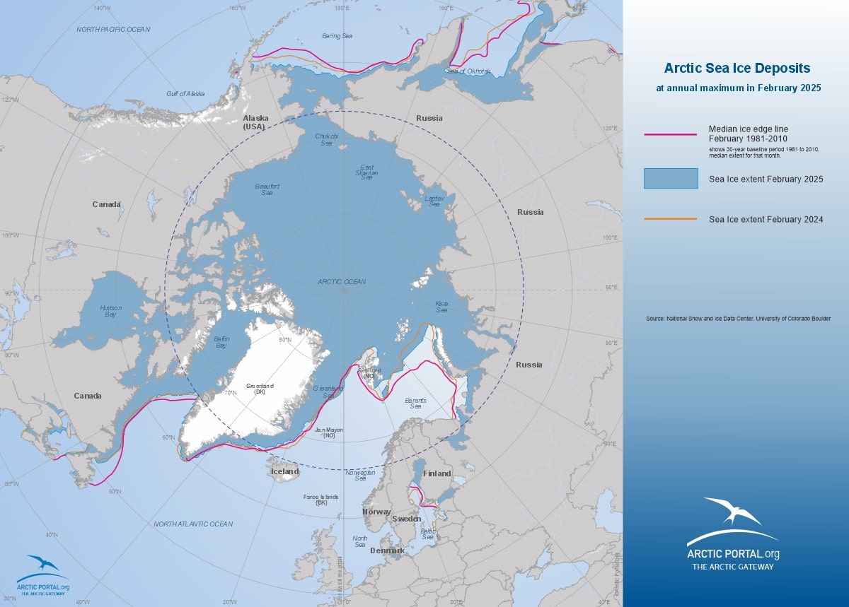 Arctic Portal Map - Arctic Sea Ice Deposits at annual maximum in February 2025 vs February 2024