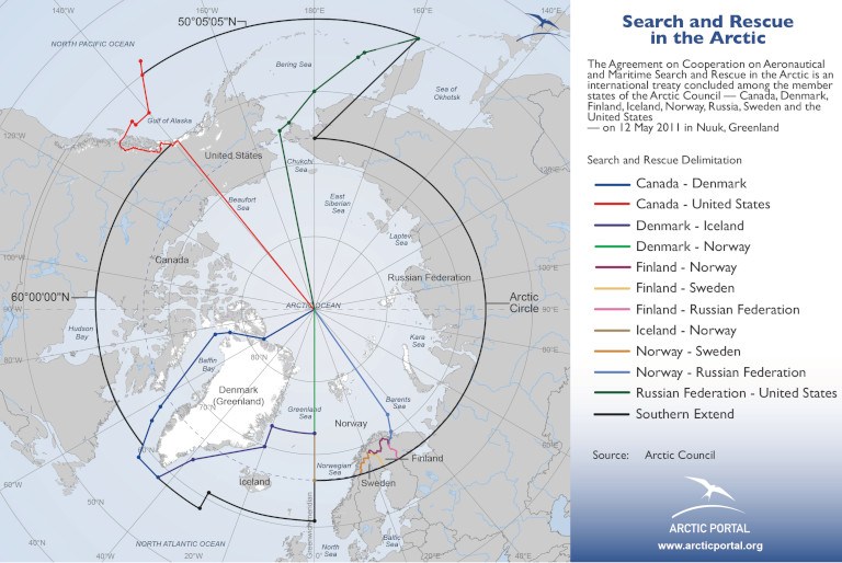 Map: Search and Rescue in the Arctic with legend