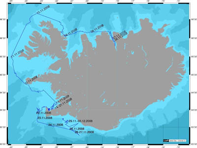 Humpback whale migration pattern around Iceland - map